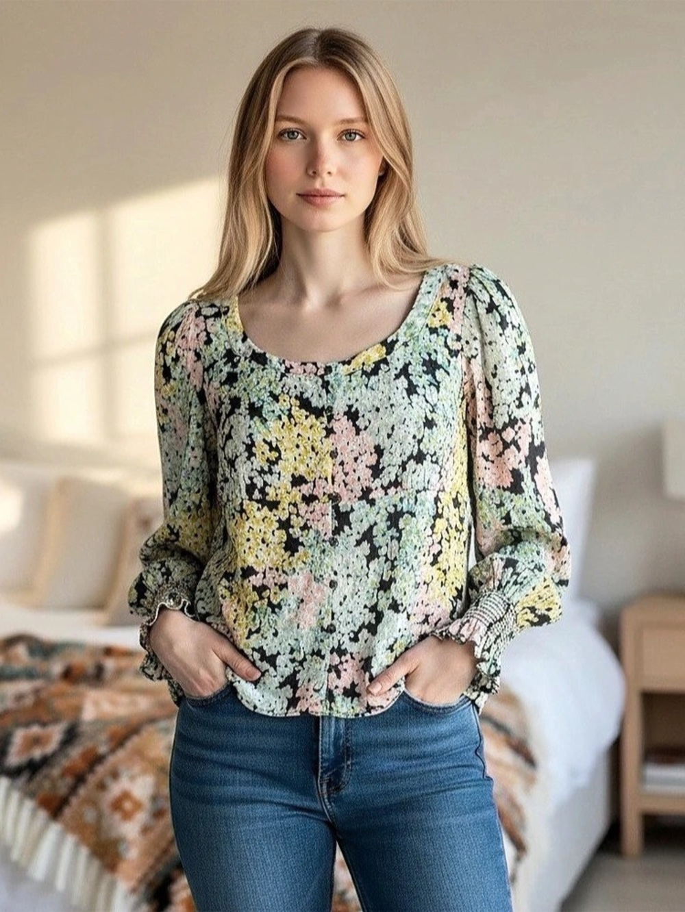 LOFT Floral Square Neck Blouse in Black & Pink Size Small
